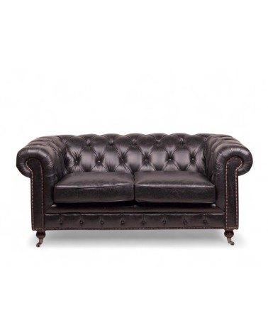 Canapé Chesterfield cuir vintage noir 2 places - collection Windsor