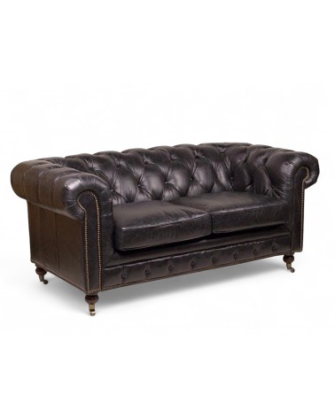 Canapé Chesterfield cuir vintage noir 2 places - collection Windsor