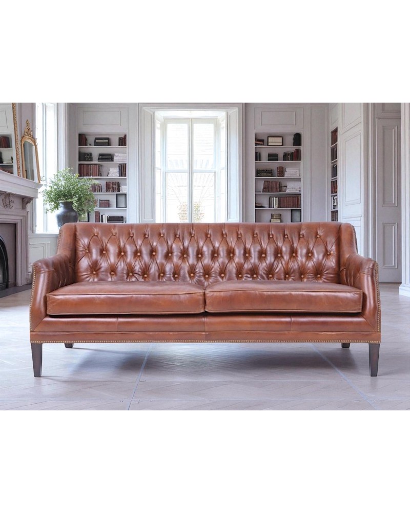 Canapé Chesterfield cuir marron trois places - collection Lois