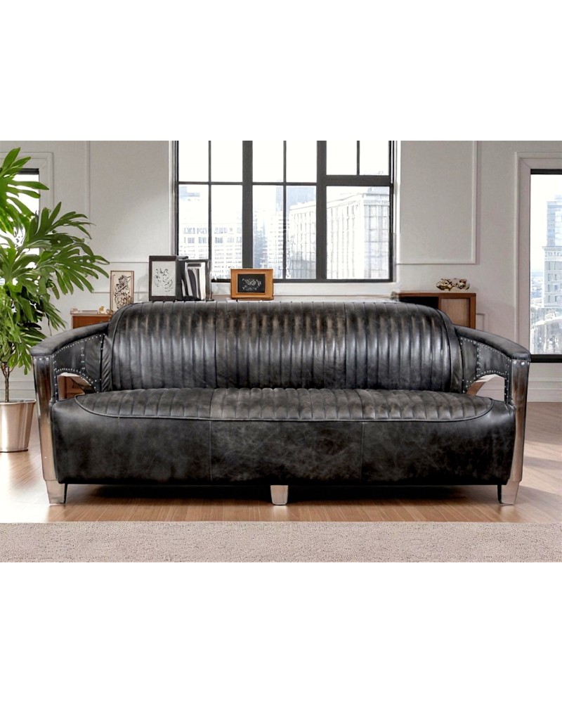 Graues Leder Fliegersofa 3-Sitzer - Kollektion Chuck