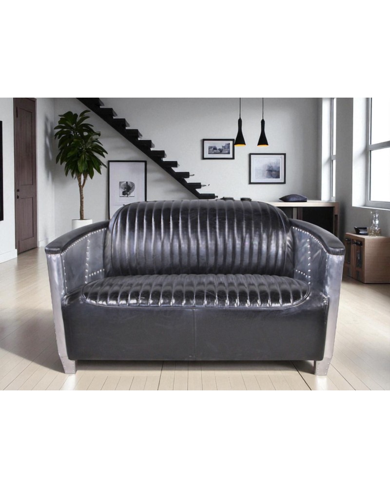 Canapé aviateur cuir noir vintage 2 places - collection Mermoz