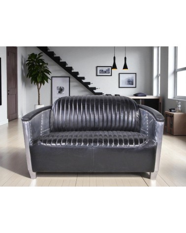 Canapé aviateur cuir noir vintage 2 places - collection Mermoz