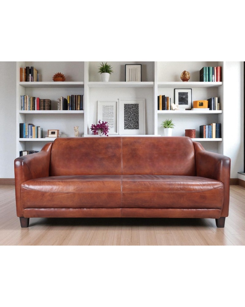 Canapé club cuir marron 3 places vieilli - collection Alfred