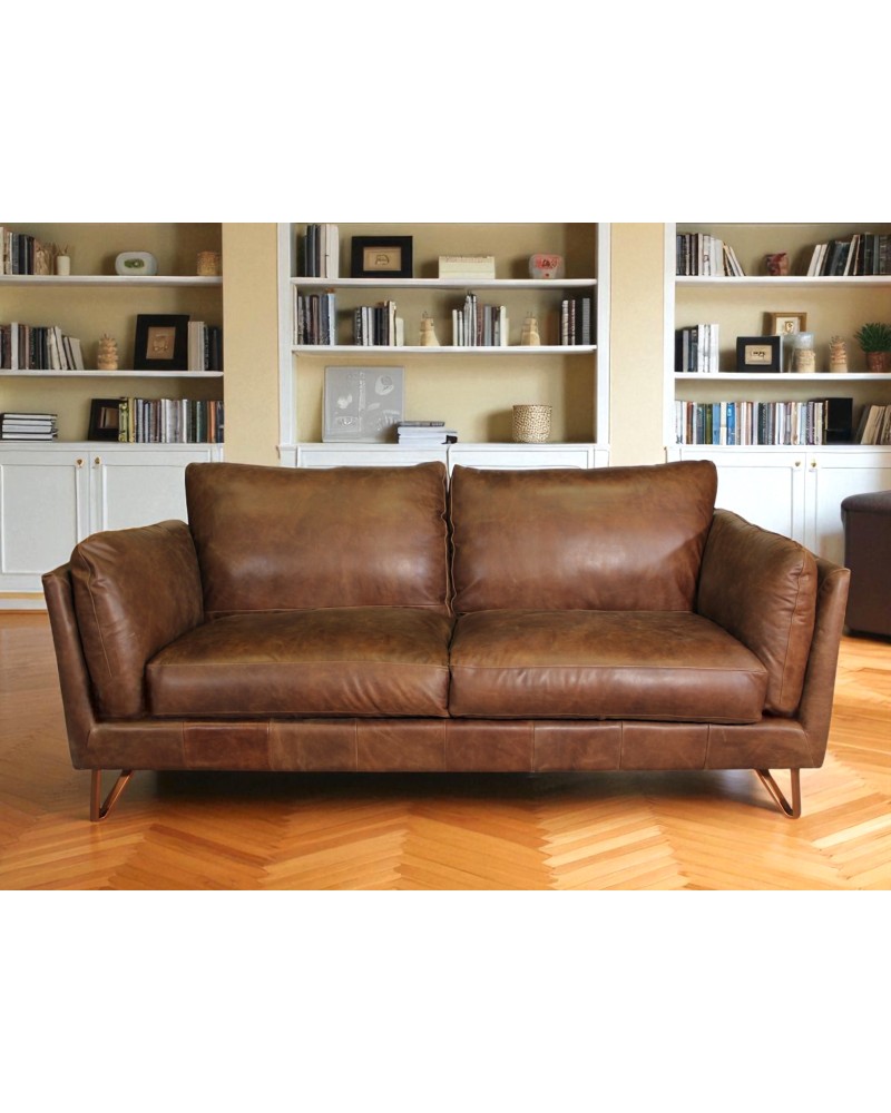 Canapé cuir marron design 3 places - modèle Trevor