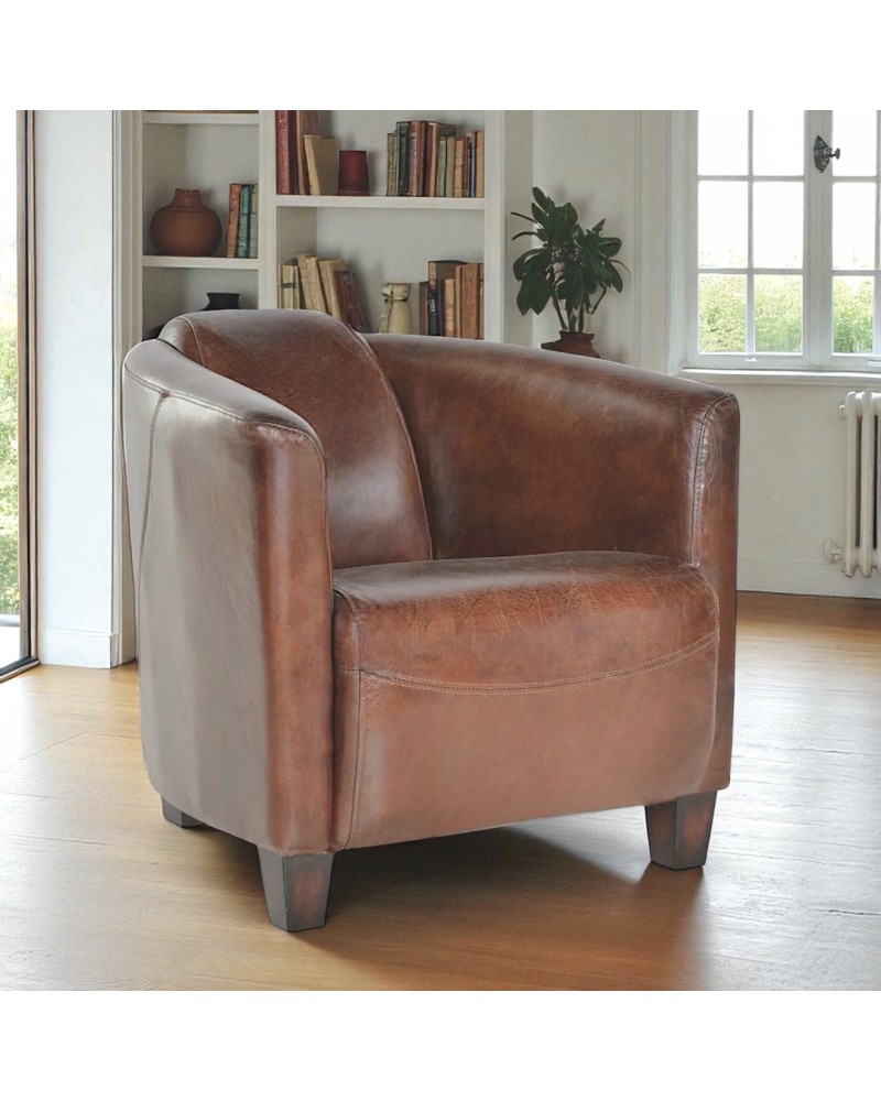 Fauteuil marron club cuir patiné - collection Bryan