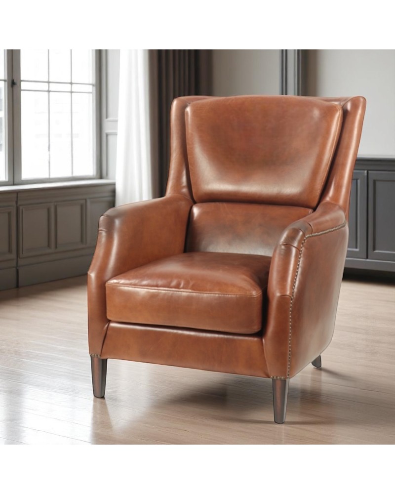 Fauteuil cuir marron club anglais - modèle Eugene