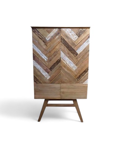 Vue de face du buffet haut en teck massif coloré avec motif chevron