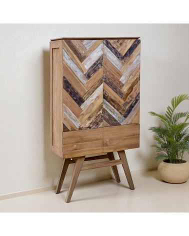 Buffet haut en bois massif de teck coloré avec façades à motif chevron – Collection Ticao