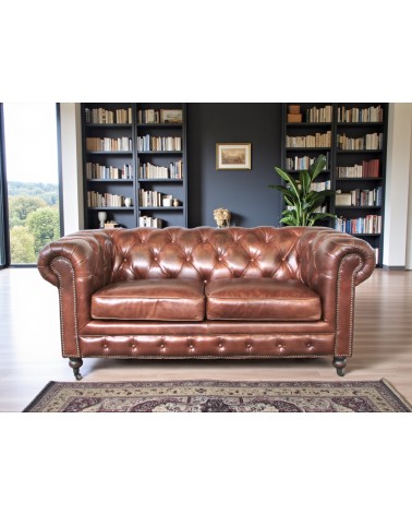 Canapé Chesterfield cuir vintage marron 2 places - collection Windsor