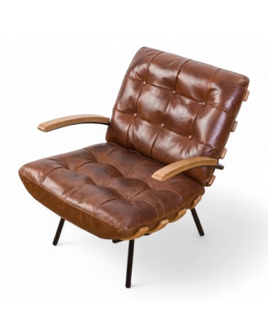Fauteuil cuir marron vintage bois - modèle Declan