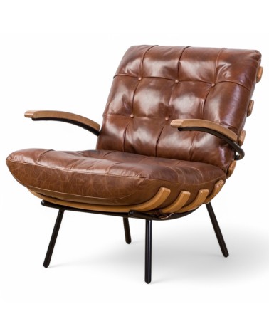 Fauteuil cuir marron vintage bois - modèle Declan