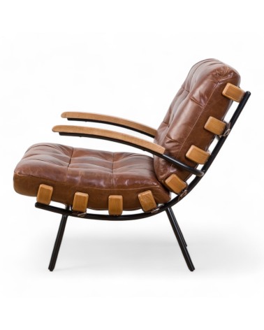 Fauteuil cuir marron vintage bois - modèle Declan