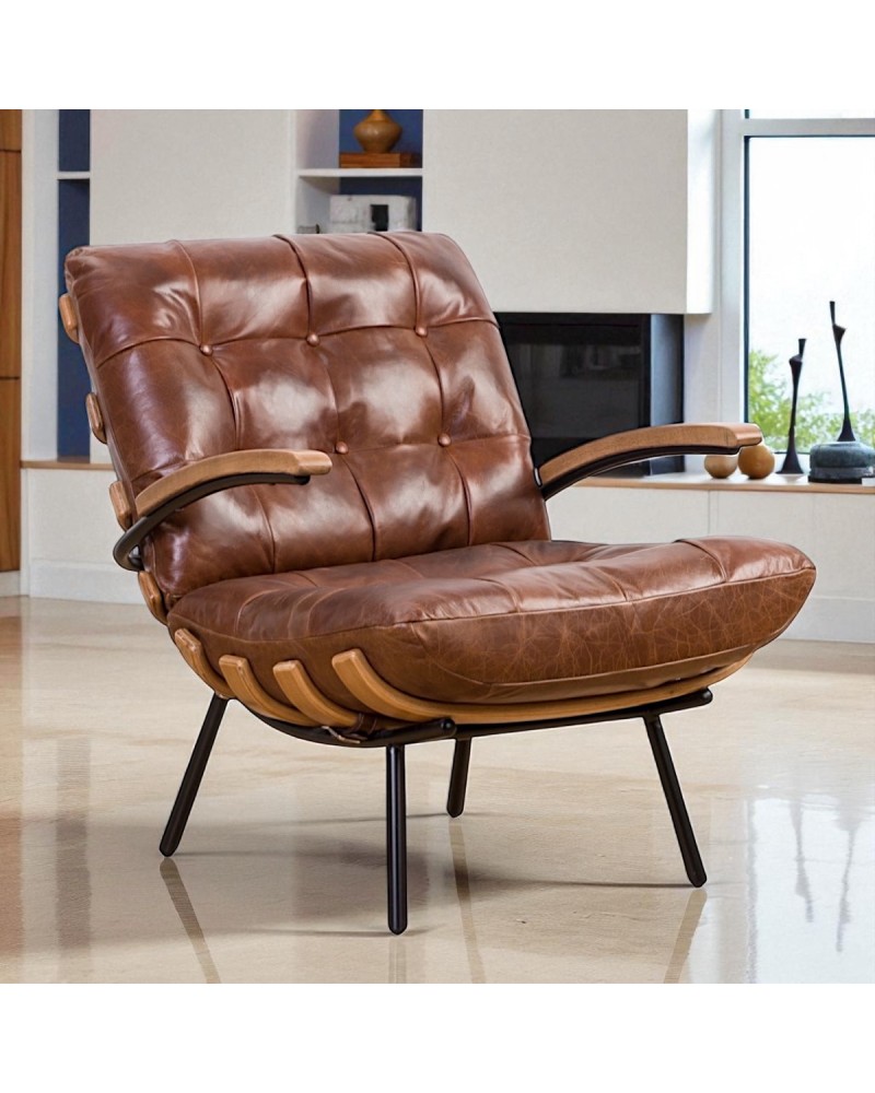 Fauteuil cuir marron vintage bois - modèle Declan