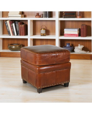 Pouf cuir marron vieilli style club anglais - modèle Ernest