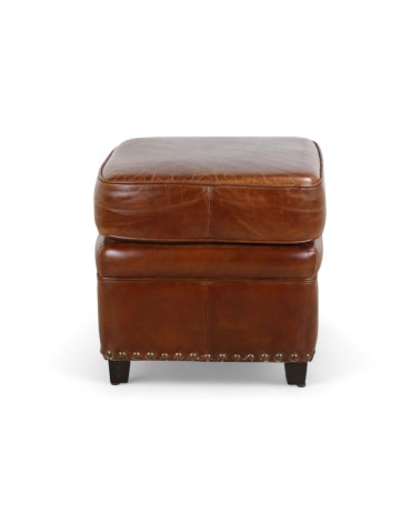 Pouf cuir marron vieilli style club anglais - modèle Ernest