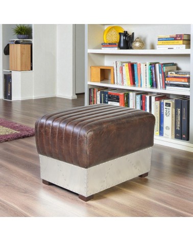Pouf cuir marron vintage métal - modèle St Exupéry