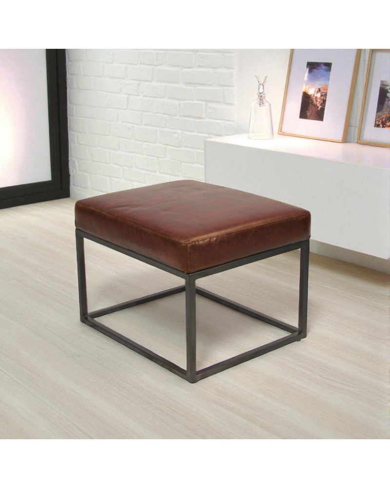 Pouf cuir brun vintage métal - modèle Julian
