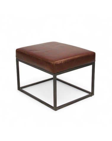 Pouf cuir brun vintage métal - modèle Julian