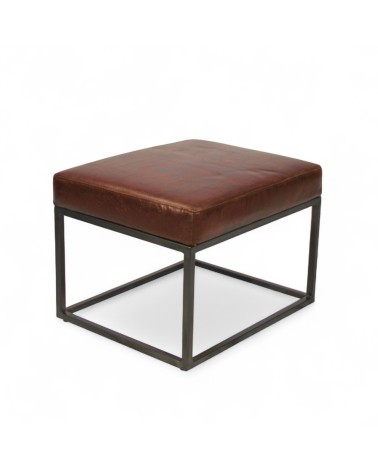 Pouf cuir brun vintage métal - modèle Julian