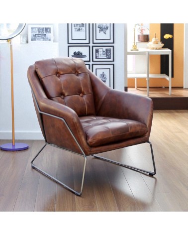 Fauteuil club cuir marron style 70s - modèle Mina