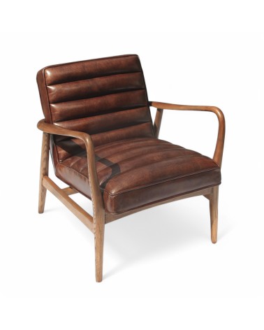 Fauteuil club cuir marron bois style 50s - modèle Elton