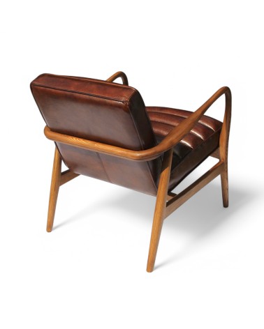 Fauteuil club cuir marron bois style 50s - modèle Elton