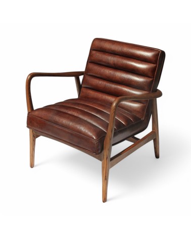 Fauteuil club cuir marron bois style 50s - modèle Elton