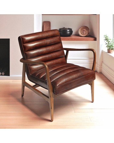 Fauteuil club cuir marron bois style 50s - modèle Elton