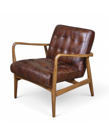 Fauteuil club cuir marron vintage bois - modèle Evan