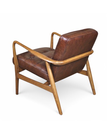 Fauteuil club cuir marron vintage bois - modèle Evan