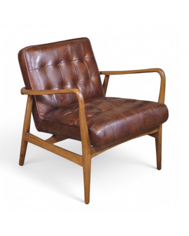 Fauteuil club cuir marron vintage bois - modèle Evan