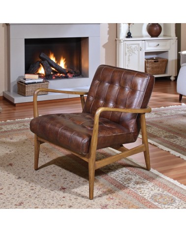 Fauteuil club cuir marron vintage bois - modèle Evan