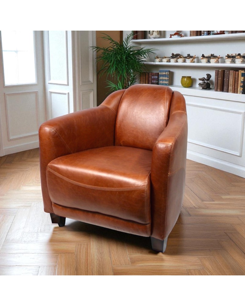 Fauteuil club en cuir marron cognac - collection Alfred
