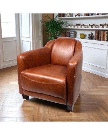 Fauteuil club en cuir marron cognac - collection Alfred