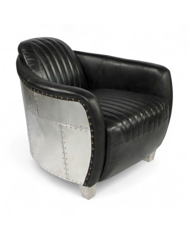 Fauteuil aviateur cuir noir vintage aluminium - collection Amy