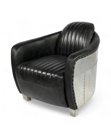 Fauteuil aviateur cuir noir vintage aluminium - collection Amy