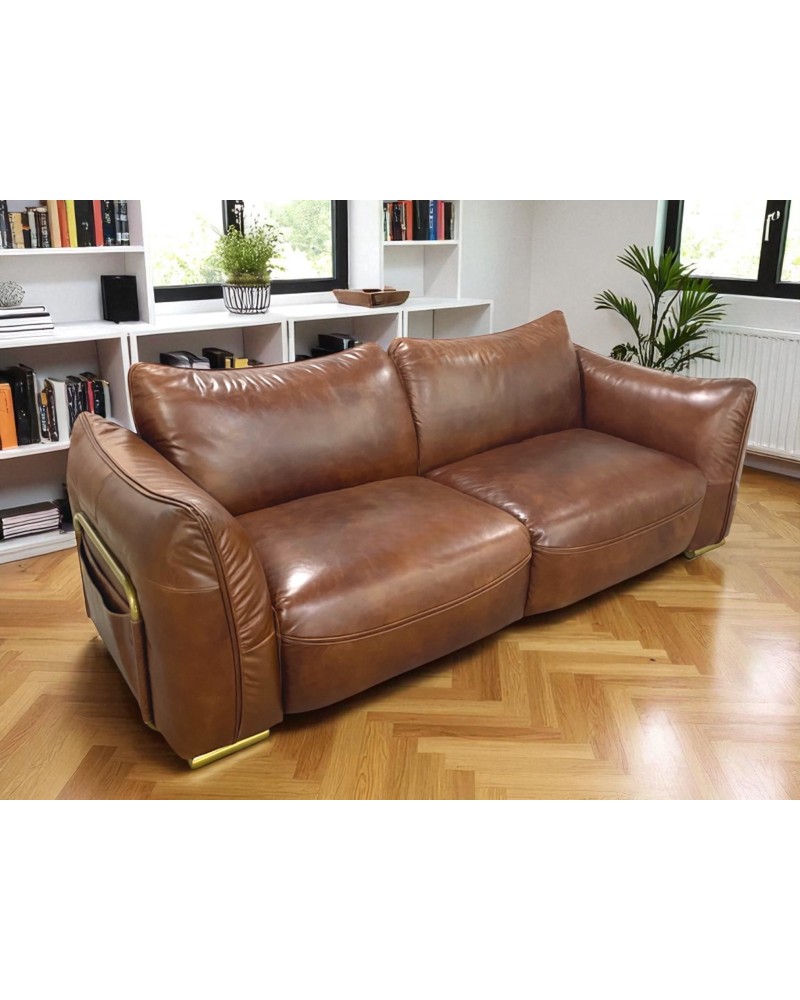 Canapé design cuir vieilli marron 3 places - modèle Bessie