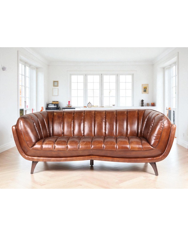 Canapé cuir marron vintage 3 places - collection Sixtees