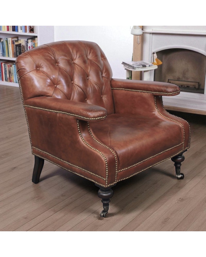 Fauteuil marron capitonné style Chesterfield - modèle Travis
