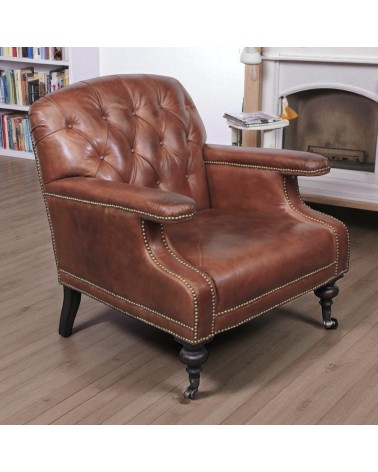 Fauteuil marron capitonné style Chesterfield - modèle Travis