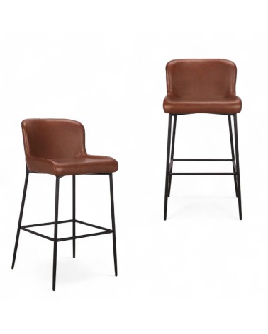 2 x Barstühle braunem Leder und schwarzem Metall - Kollektion Sindy