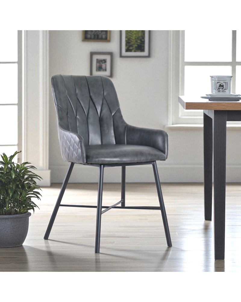 2 x Chaises cuir gris vintage capitonnées - modèle Tudor