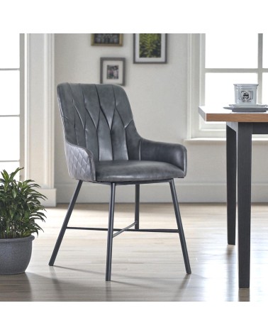 2 x Chaises cuir gris vintage capitonnées - modèle Tudor