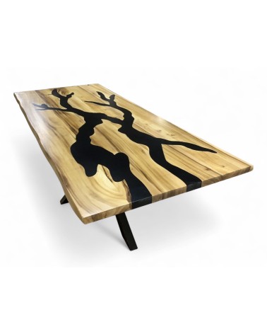 Table à dîner résine brune et bois de Suar clair 230 cm - modèle Jaspe