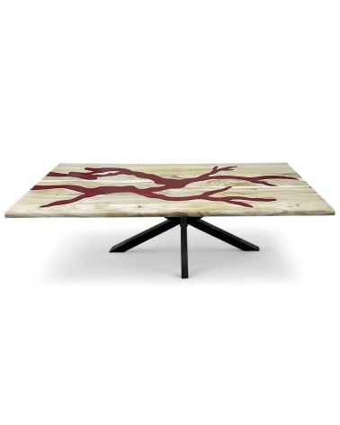 Table à dîner époxy rouge et bois de Suar clair 230 cm - modèle Hémoglobine