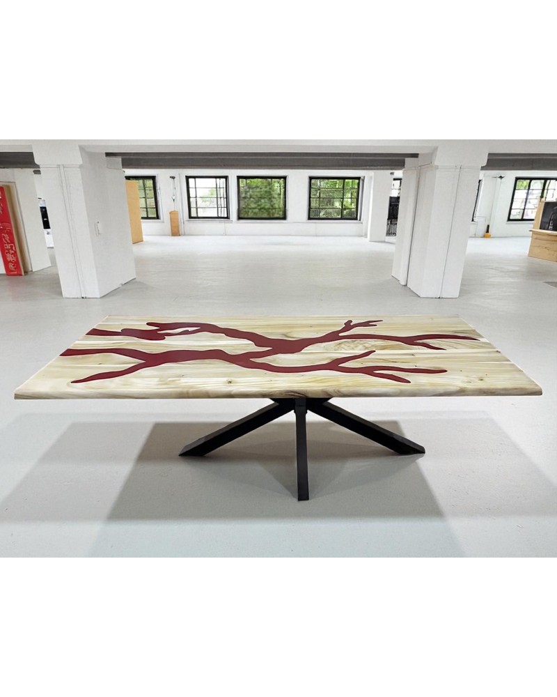 Table à dîner époxy rouge et bois de Suar clair 230 cm - modèle Hémoglobine