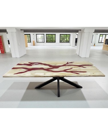 Table à dîner époxy rouge et bois de Suar clair 230 cm - modèle Hémoglobine
