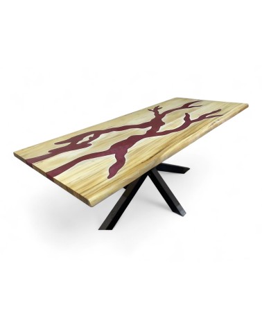 Table à dîner époxy rouge et bois de Suar clair 230 cm - modèle Hémoglobine