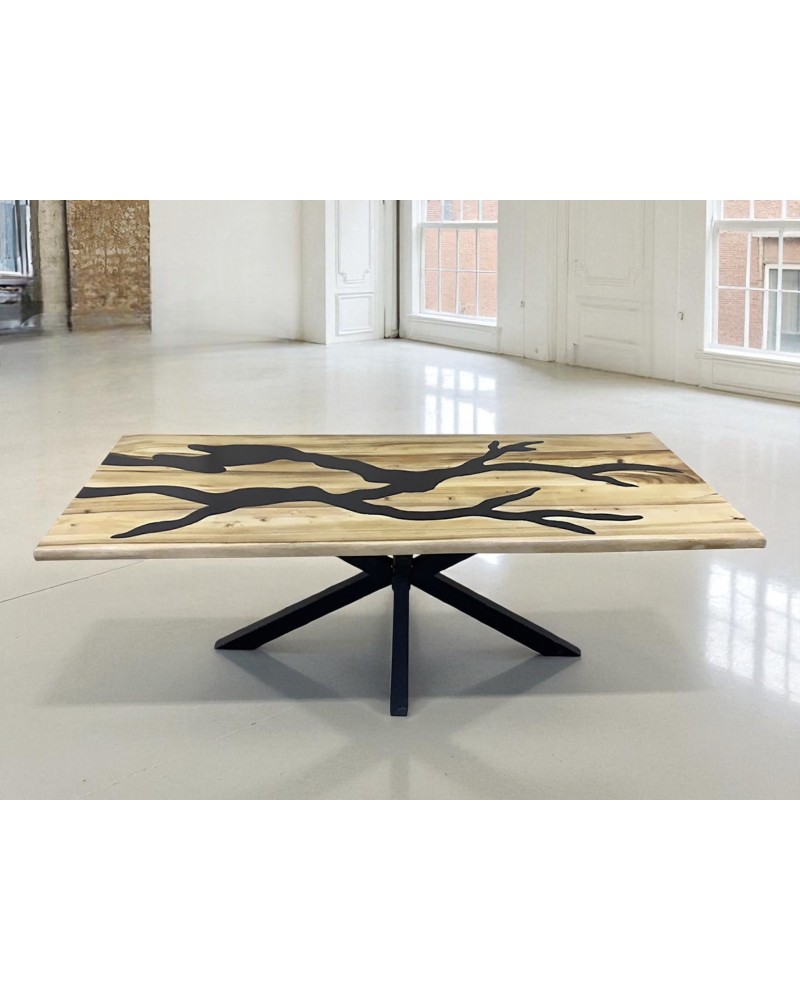 Table à dîner résine brune et bois de Suar clair 230 cm - modèle Jaspe