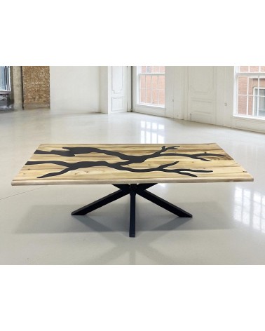 Table à dîner résine brune et bois de Suar clair 230 cm - modèle Jaspe